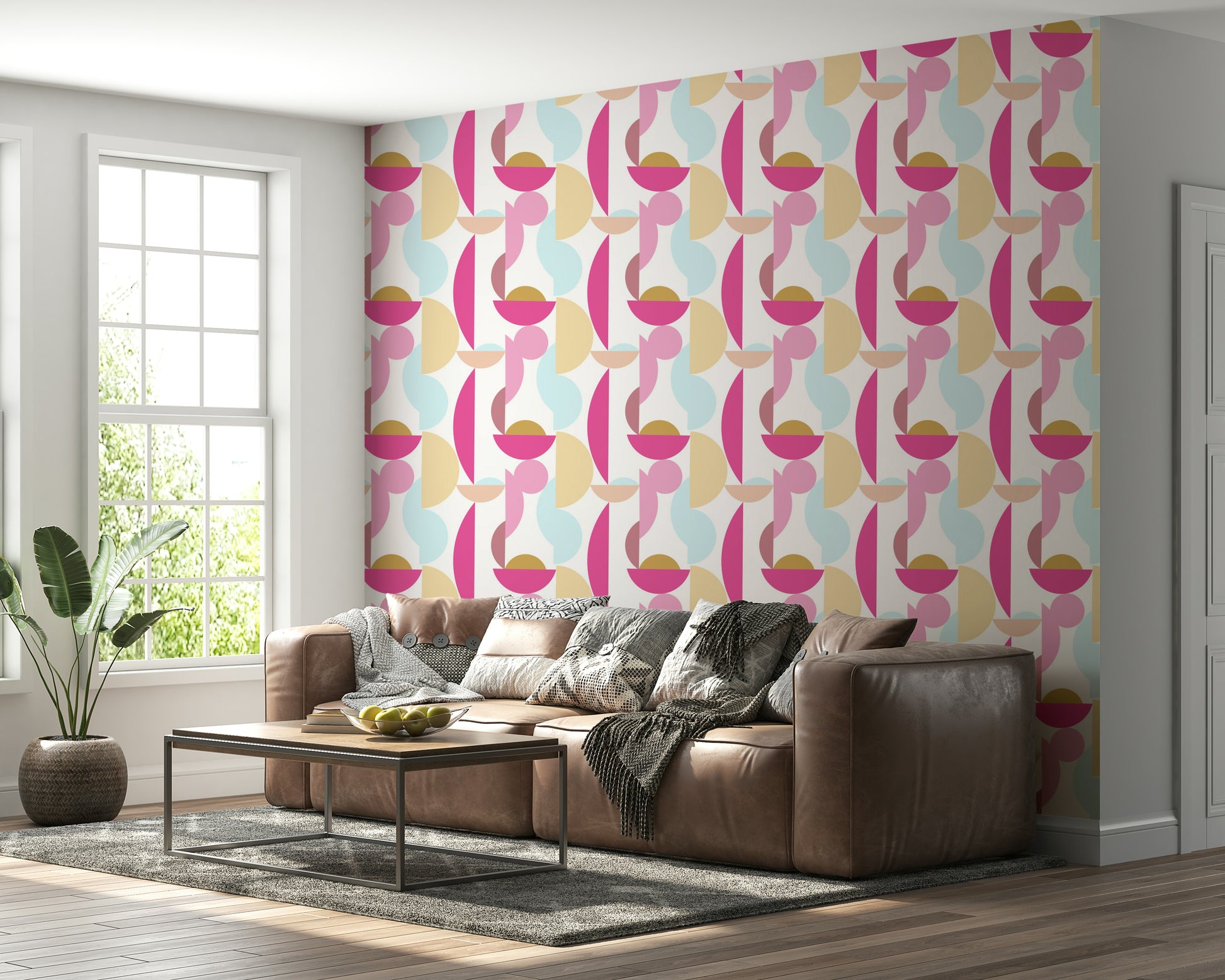 Blush pink gold Retro Geo Blush accent wall mural geometric segment design.