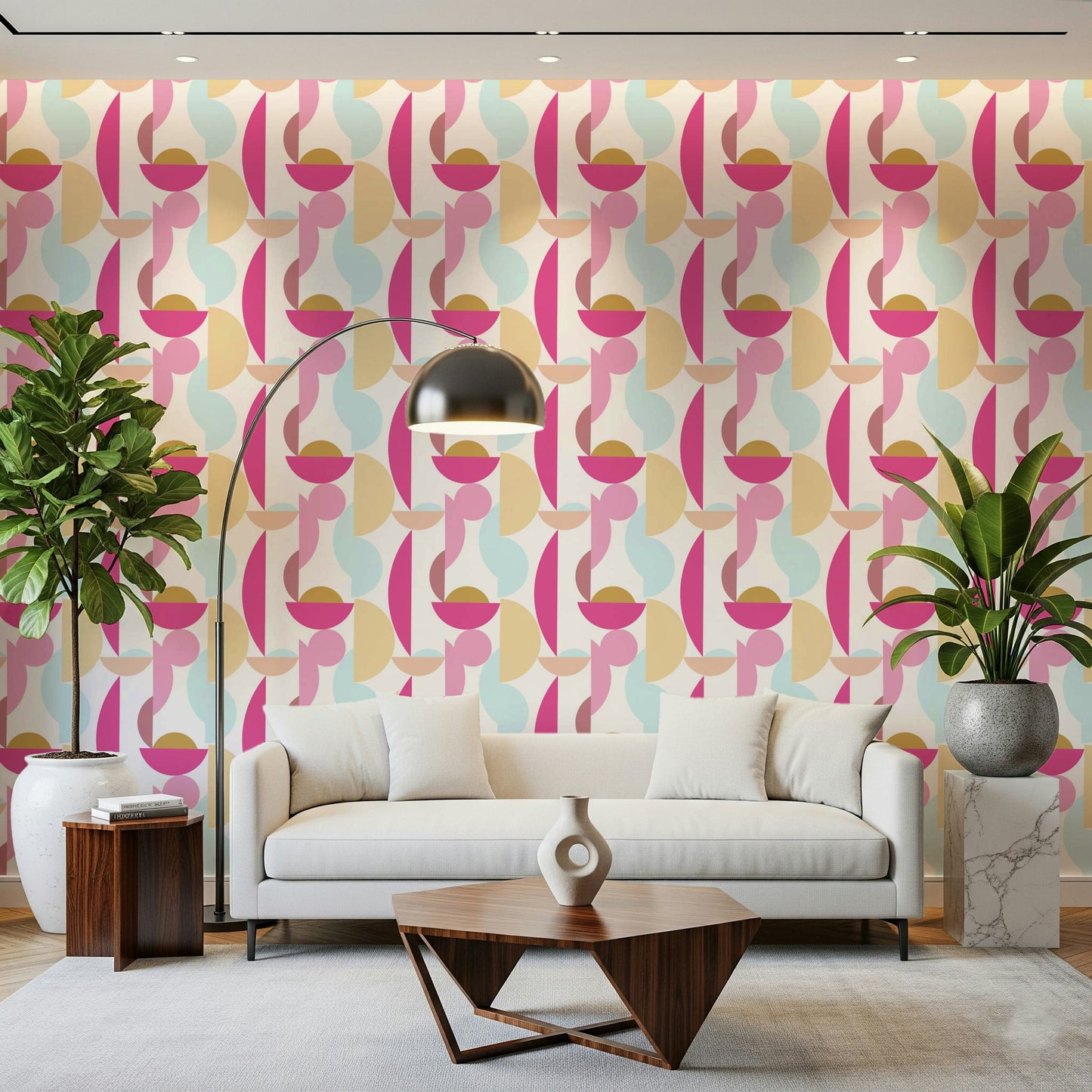 Unique Retro Geo Blush wall covering artistic repeating shapes soft bright colours.