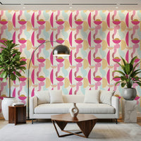 Unique Retro Geo Blush wall covering artistic repeating shapes soft bright colours.