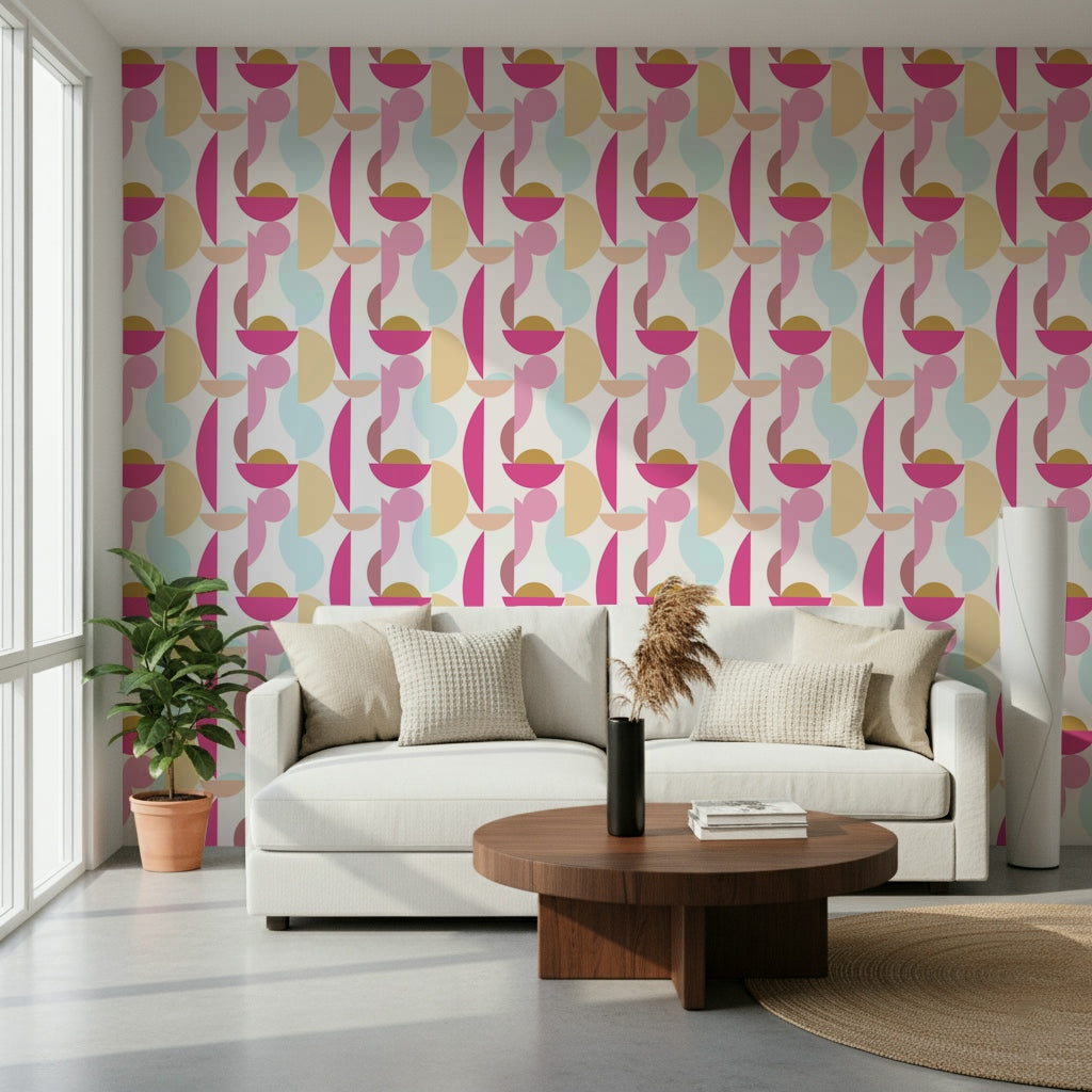 Art Deco style Retro Geo Blush wallpaper unique interlocking shapes pattern.