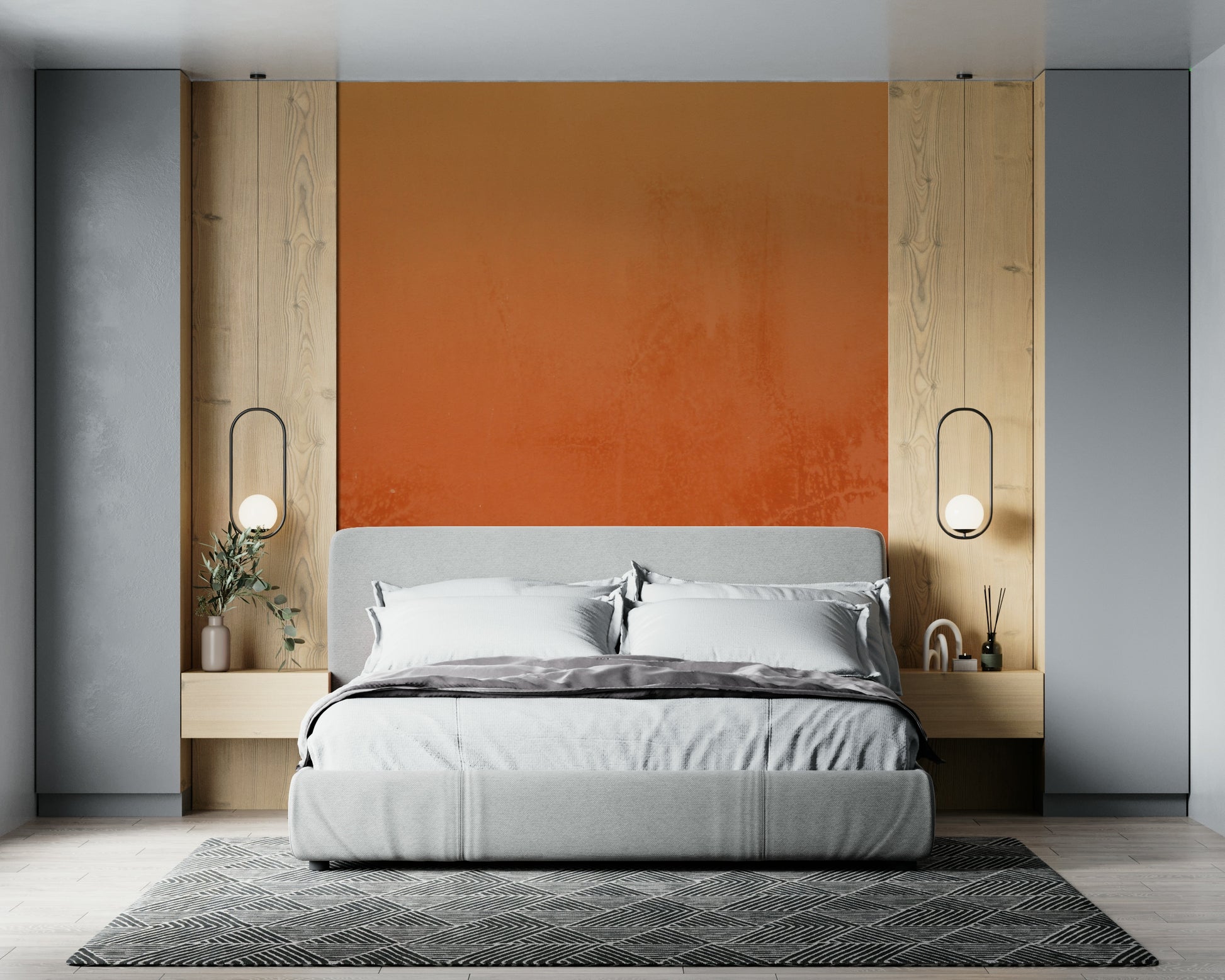 Vibrant tangerine orange wall mural featuring a rustic patina finish.