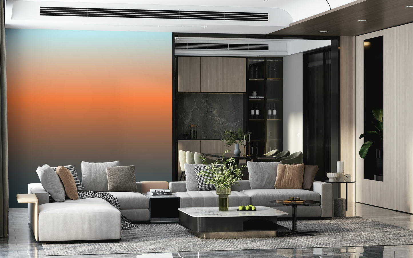 Warm orange and cool gray Dusk Horizon wallcovering for an ambient space.