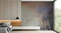Aged wall mural for gloomy Winter Day sky, minimalist branches.