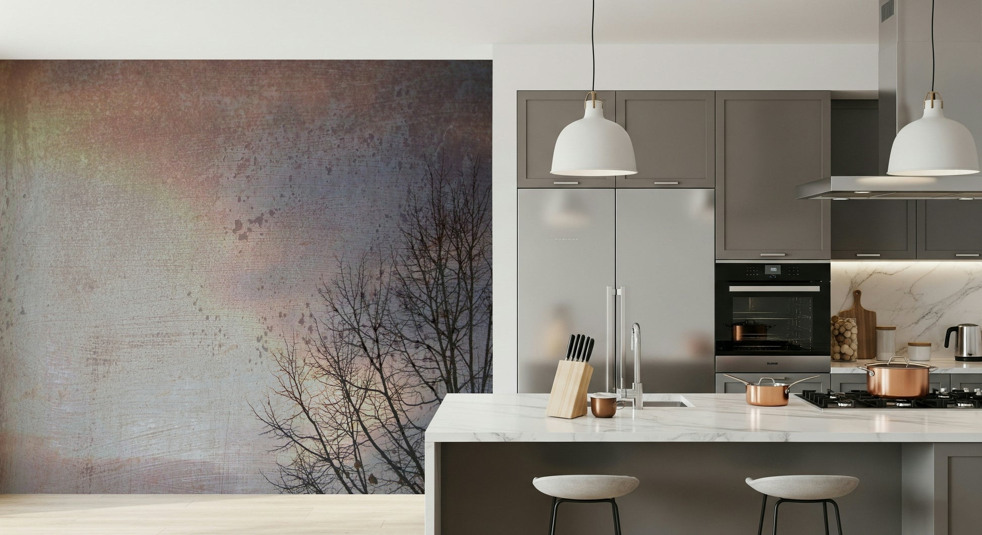 Patina wall mural, faded Winter Day colors, dark trees, nostalgic decor.