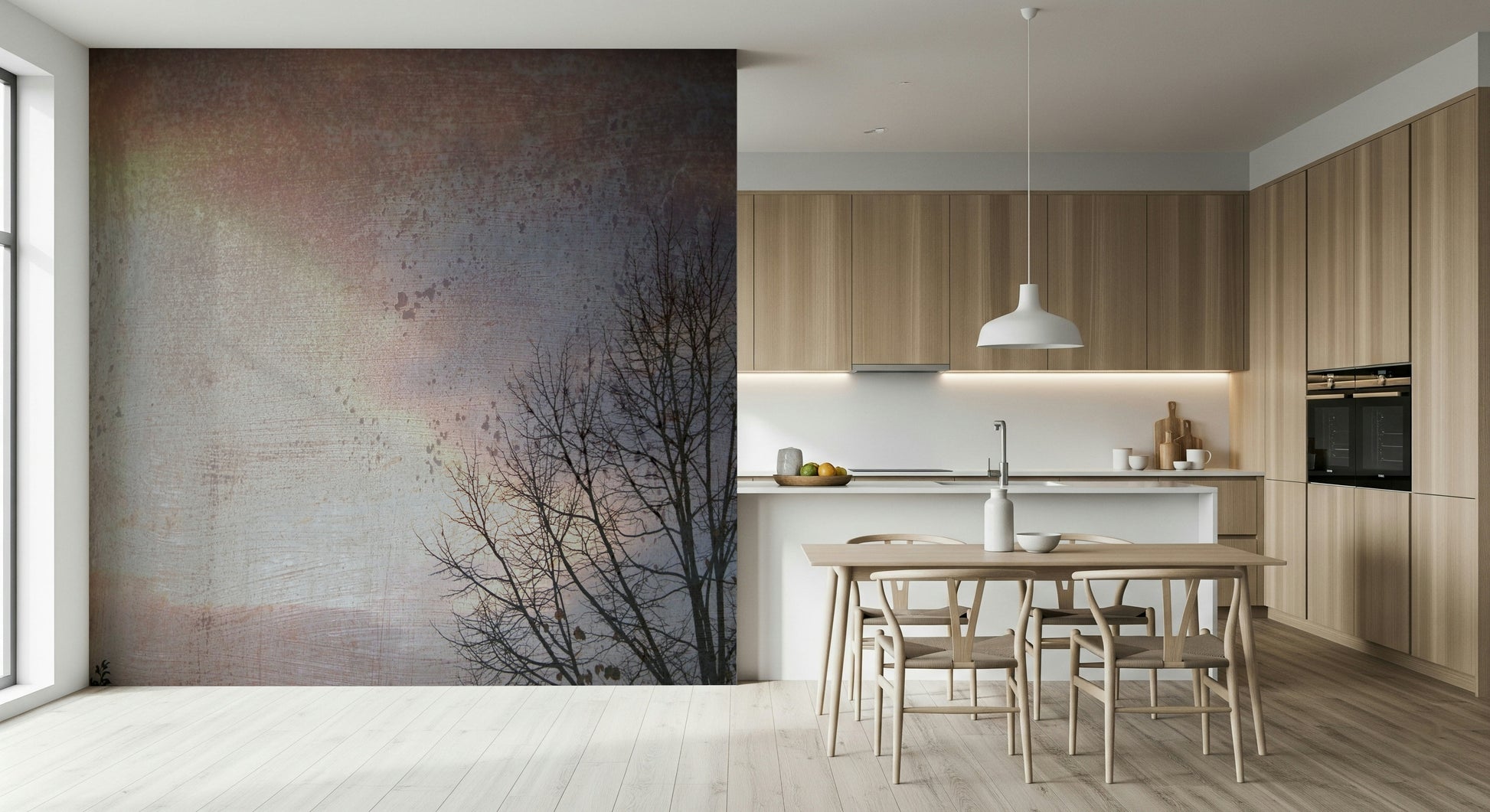A sepia toned wall mural, bare limbs, weathered surface, solstice scene.