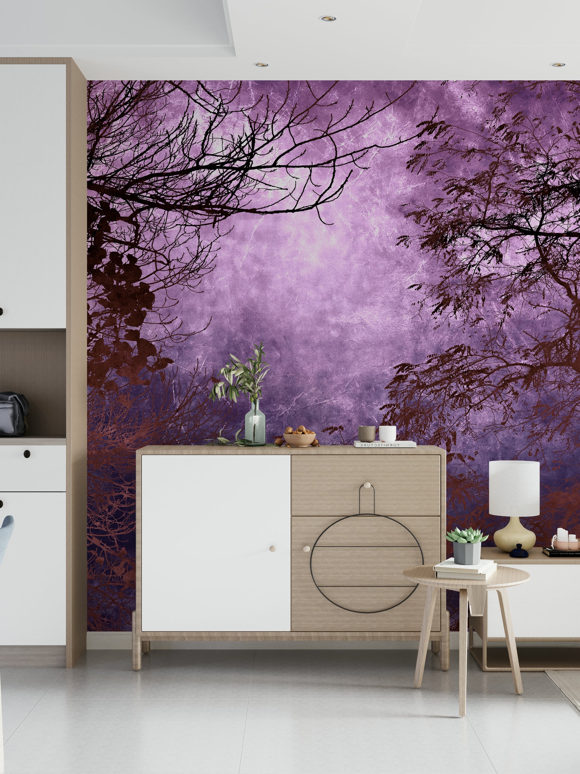 Ethereal Purple Woods mural vibrant indigo branches.