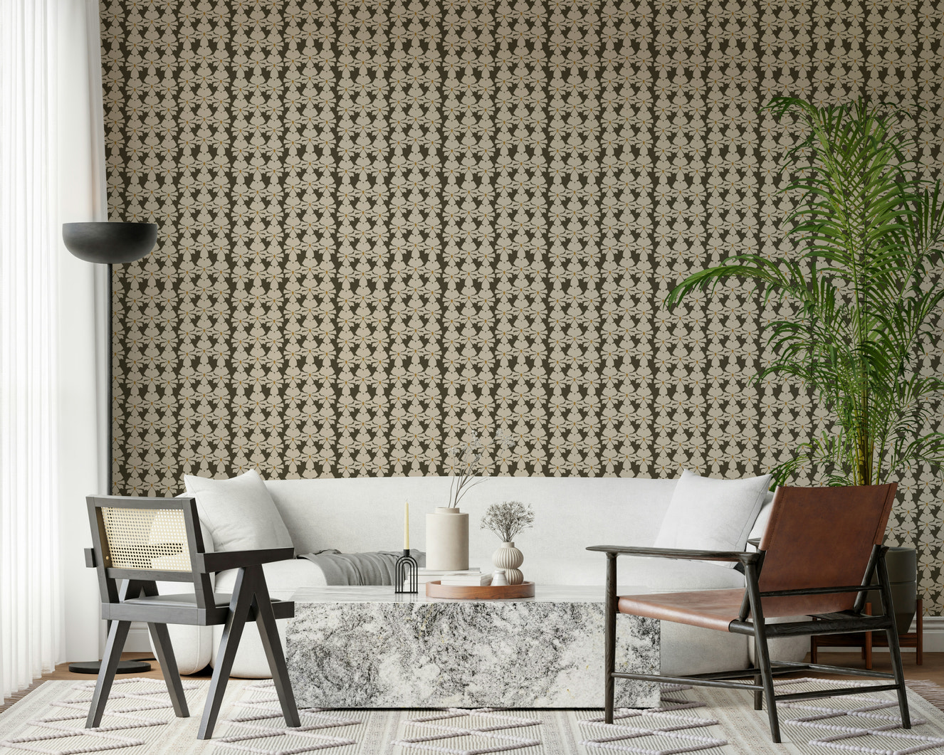 Timeless Florals wallpaper, dense botanical repeat pattern.