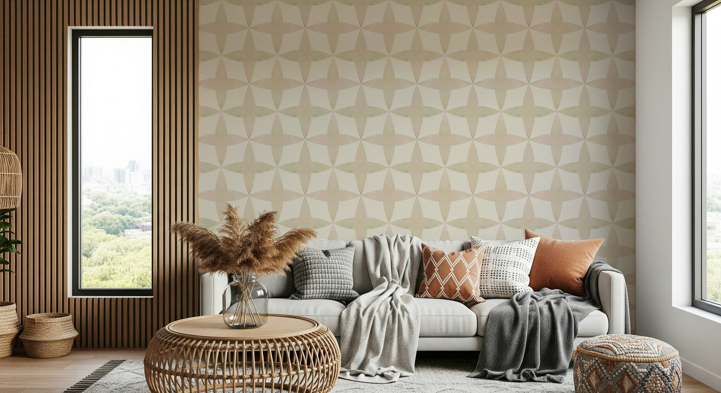 Abstract wall mural, repeating diamond and quatrefoil shapes.