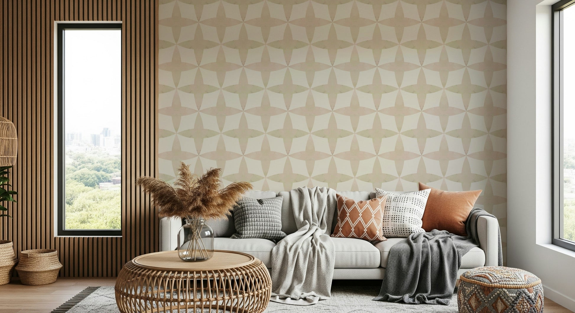 Abstract wall mural, repeating diamond and quatrefoil shapes.