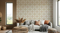 Abstract wall mural, repeating diamond and quatrefoil shapes.
