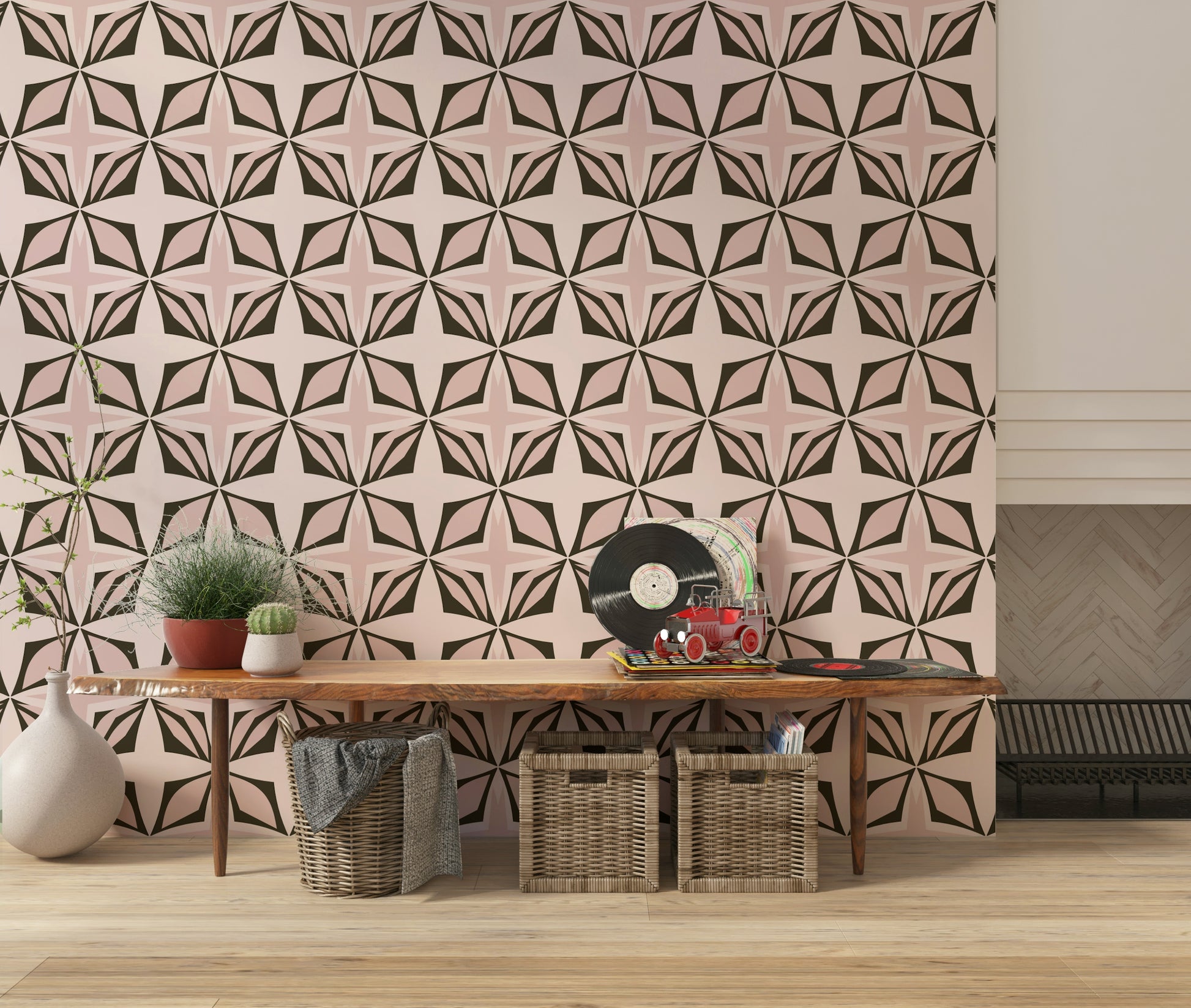 Graphic Dusty Rose pattern, sharp lines, creating visual impact.