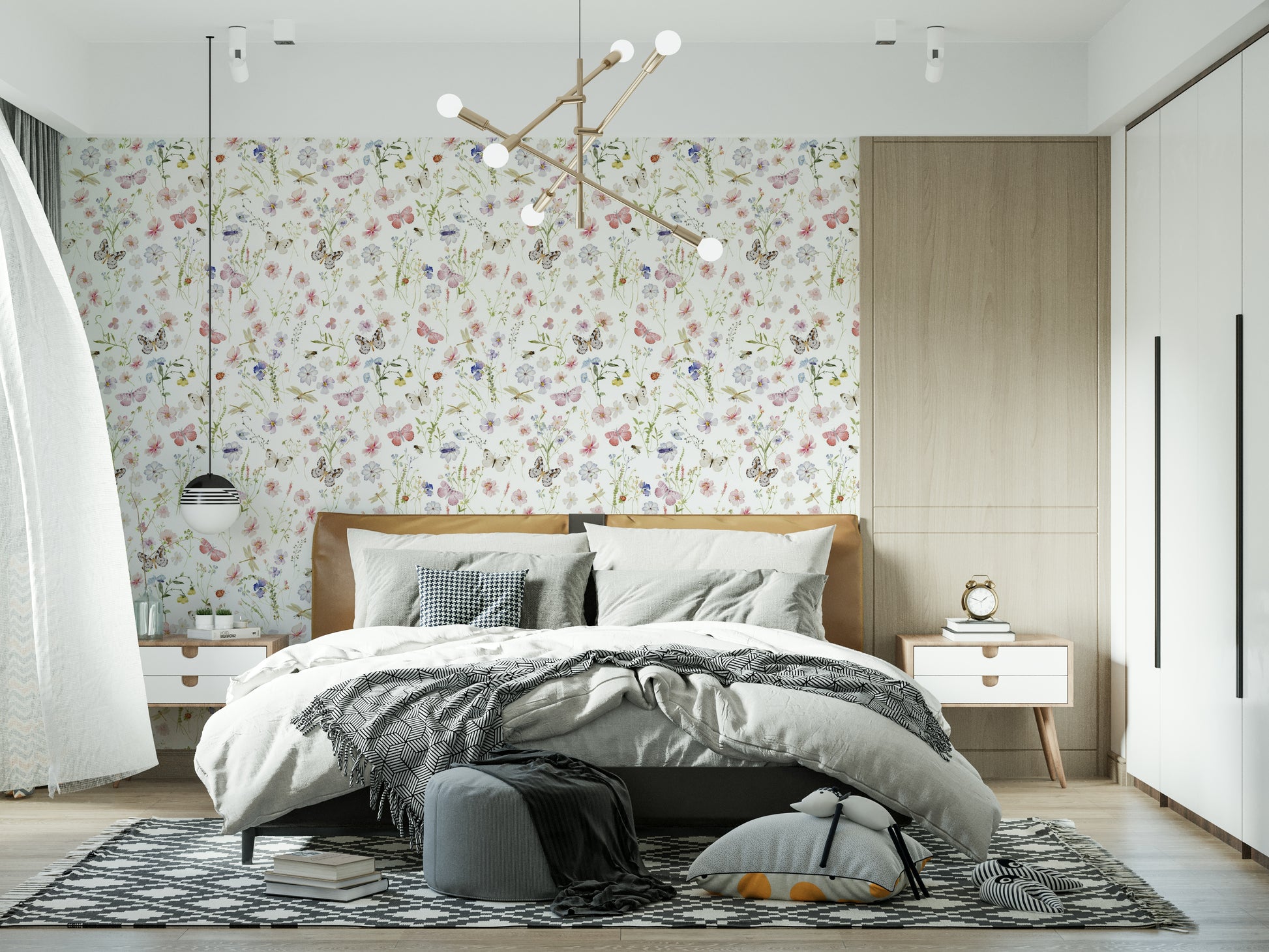Graceful spring flowers wallpaper, a vibrant meadow design with tiny garden insects.