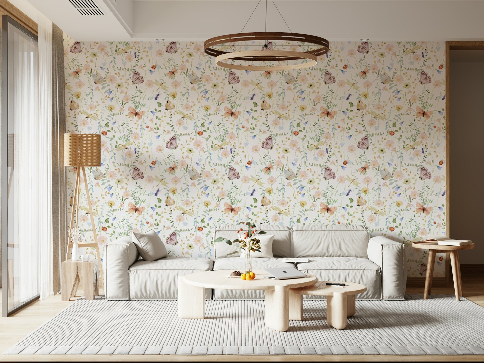 Whimsical wall mural capturing a vibrant meadow scene with delicate, sweet, painted creatures.