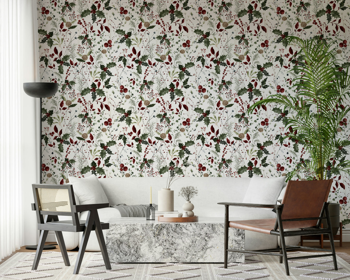 Festive botanical wall covering with crimson and pine.