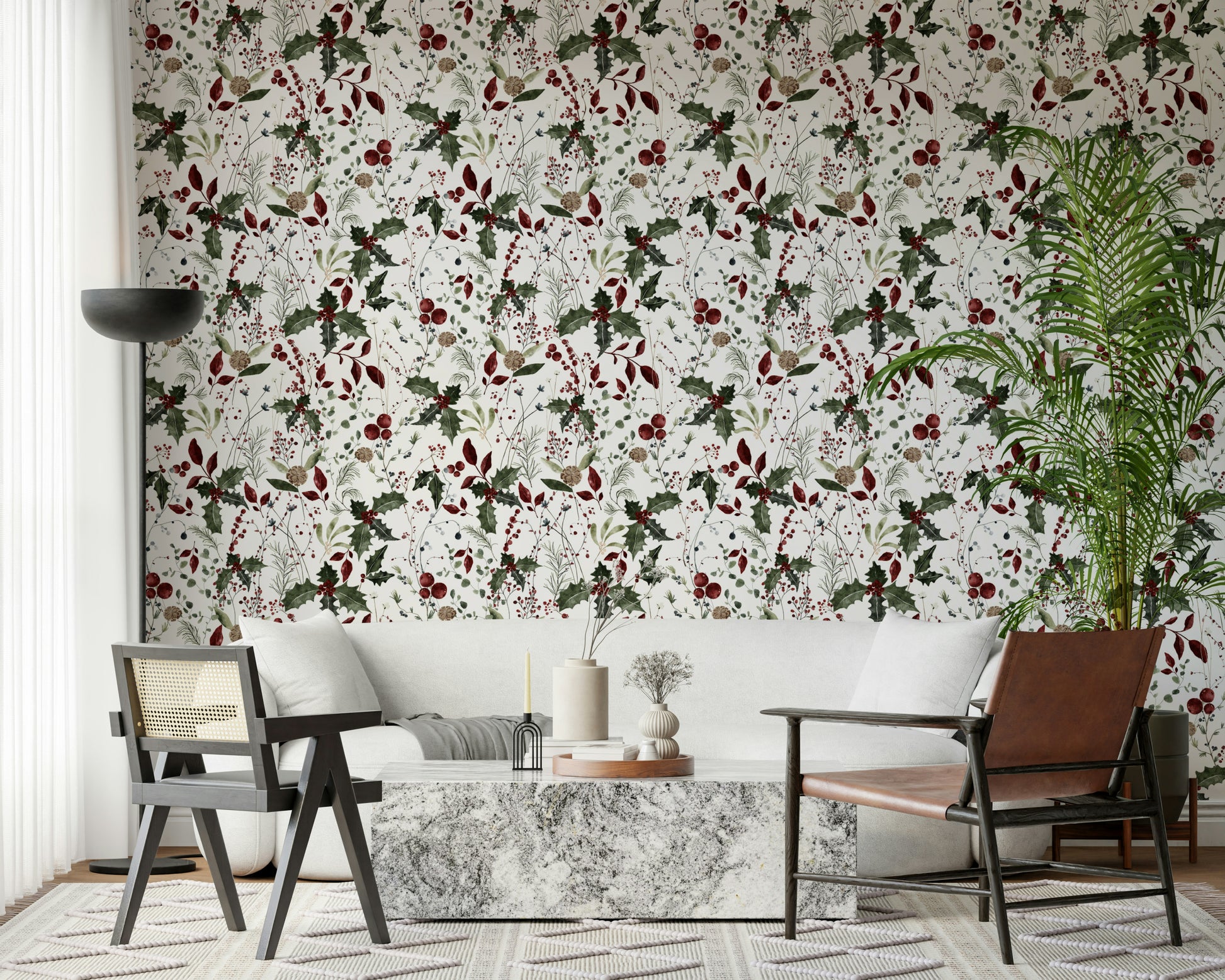 Festive botanical wall covering with crimson and pine.