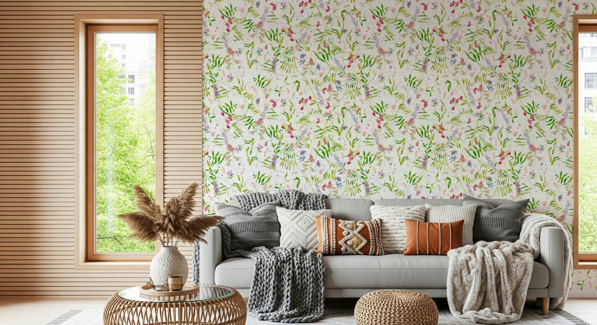 Botanical Watercolor Wildflowers wallpaper, hand-painted style wall design.