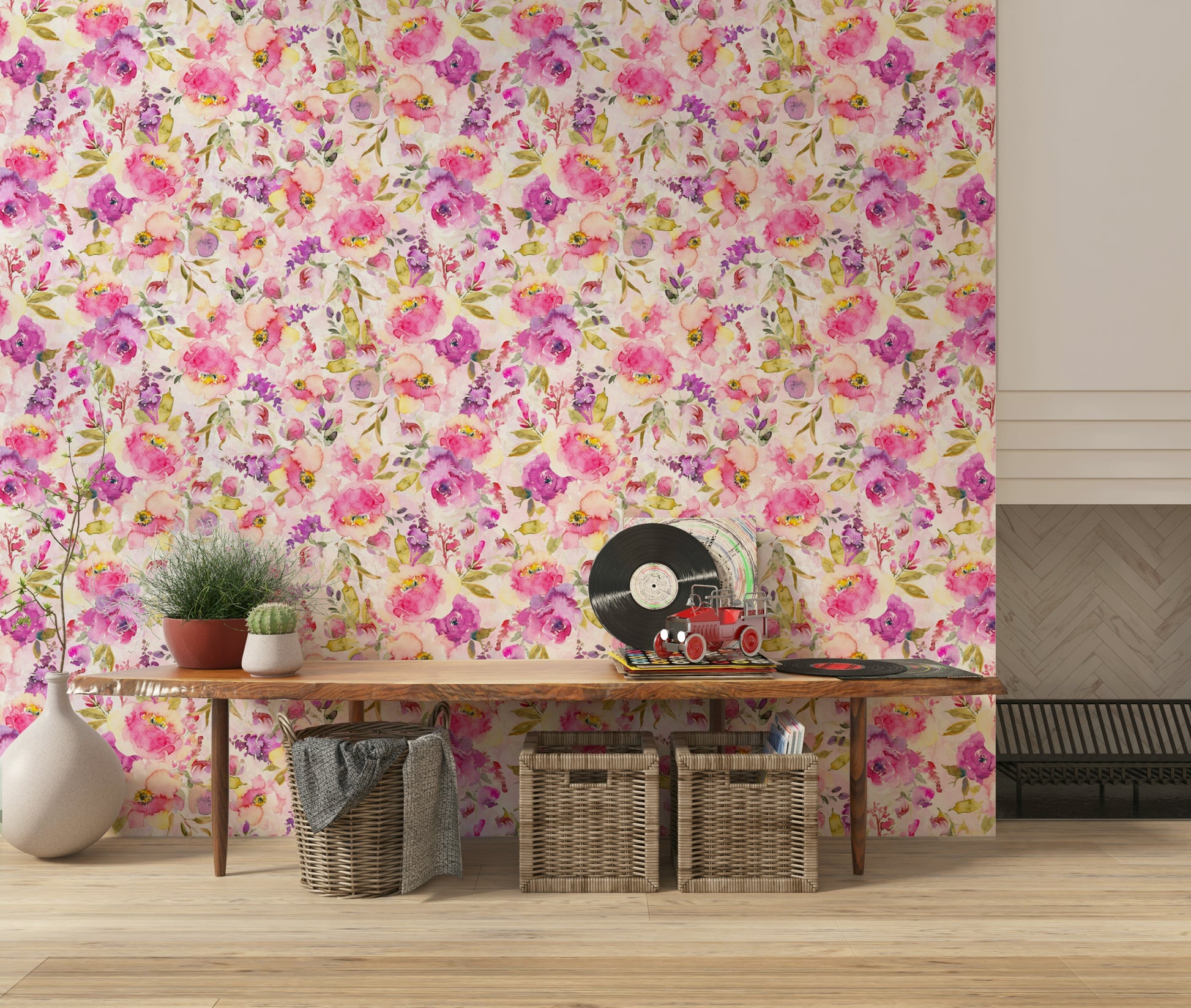 Gorgeous pink flower wallpaper mural design.