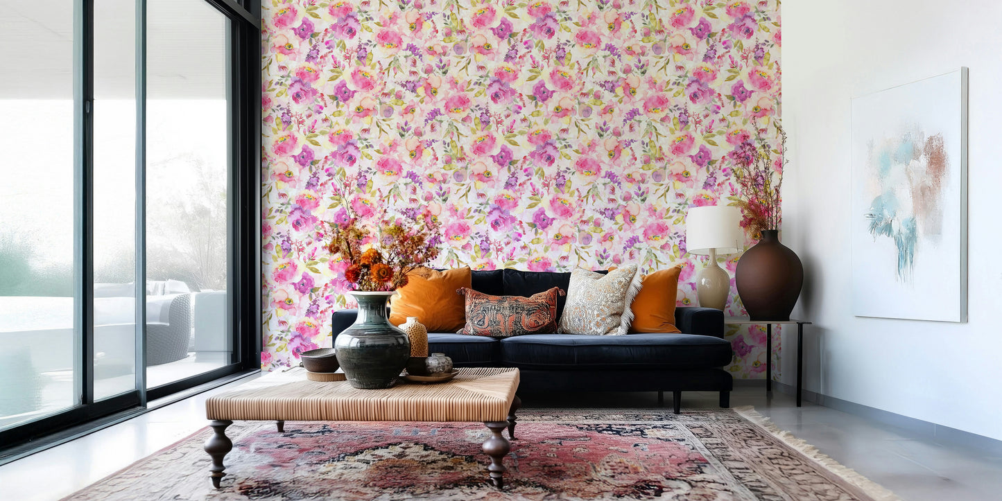 Hand-painted floral wallpaper mural bright decor.