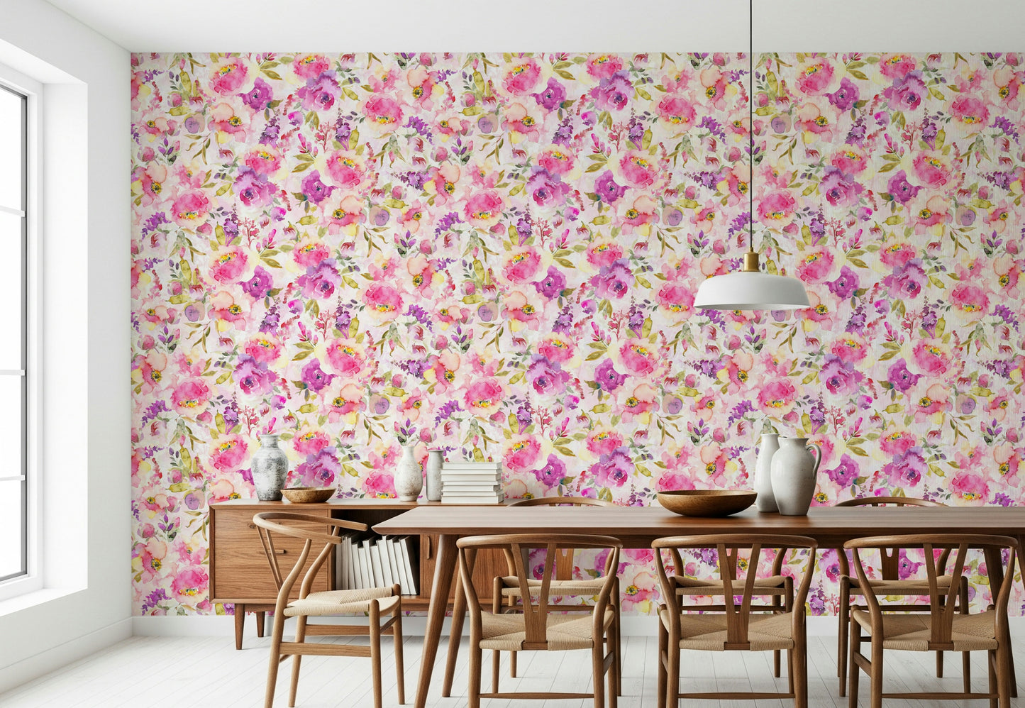 Botanical inspired Pink & Purple Watercolor Florals mural.