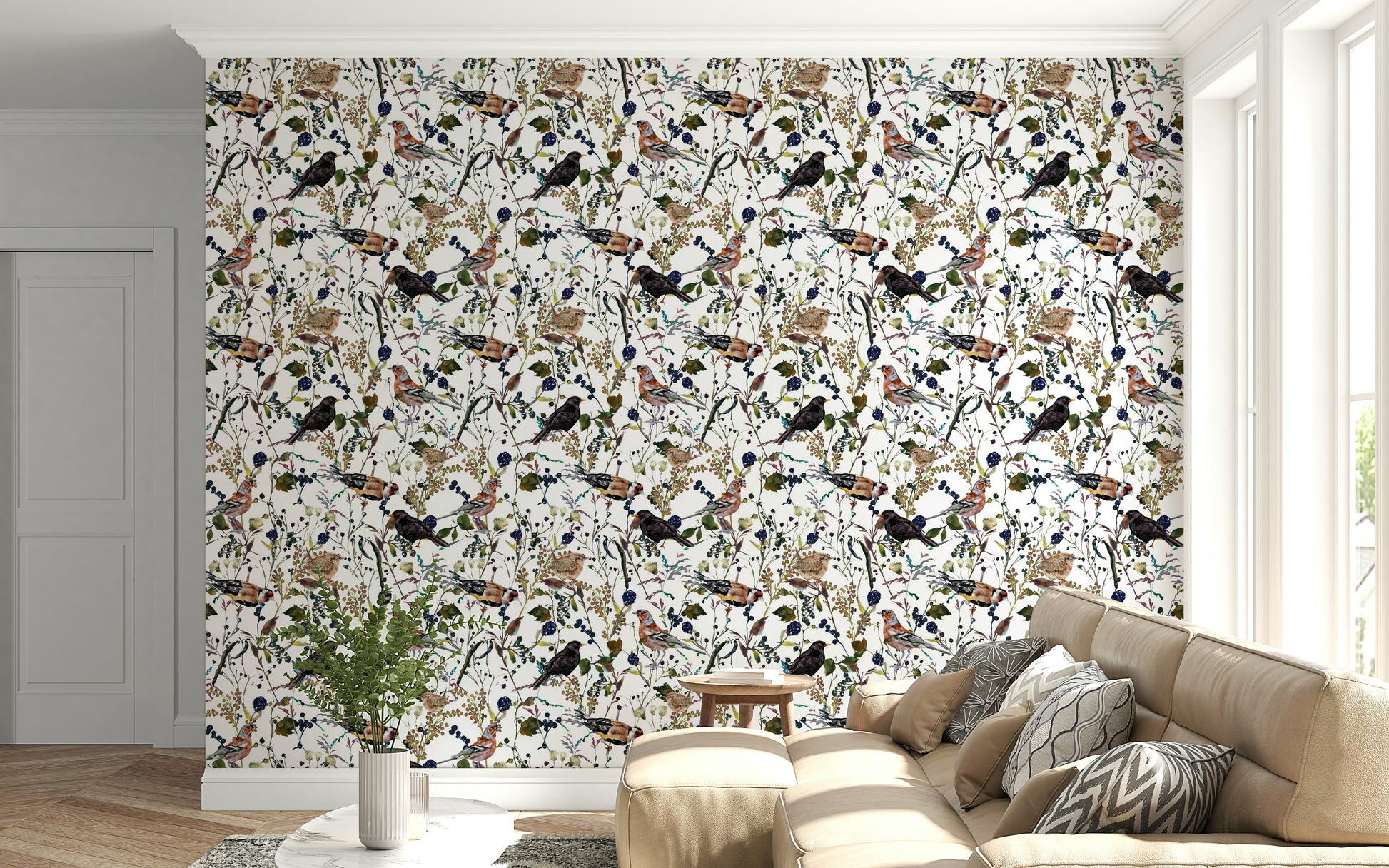 Sophisticated Winter Berries Watercolor wall art featuring sparrows and twigs.