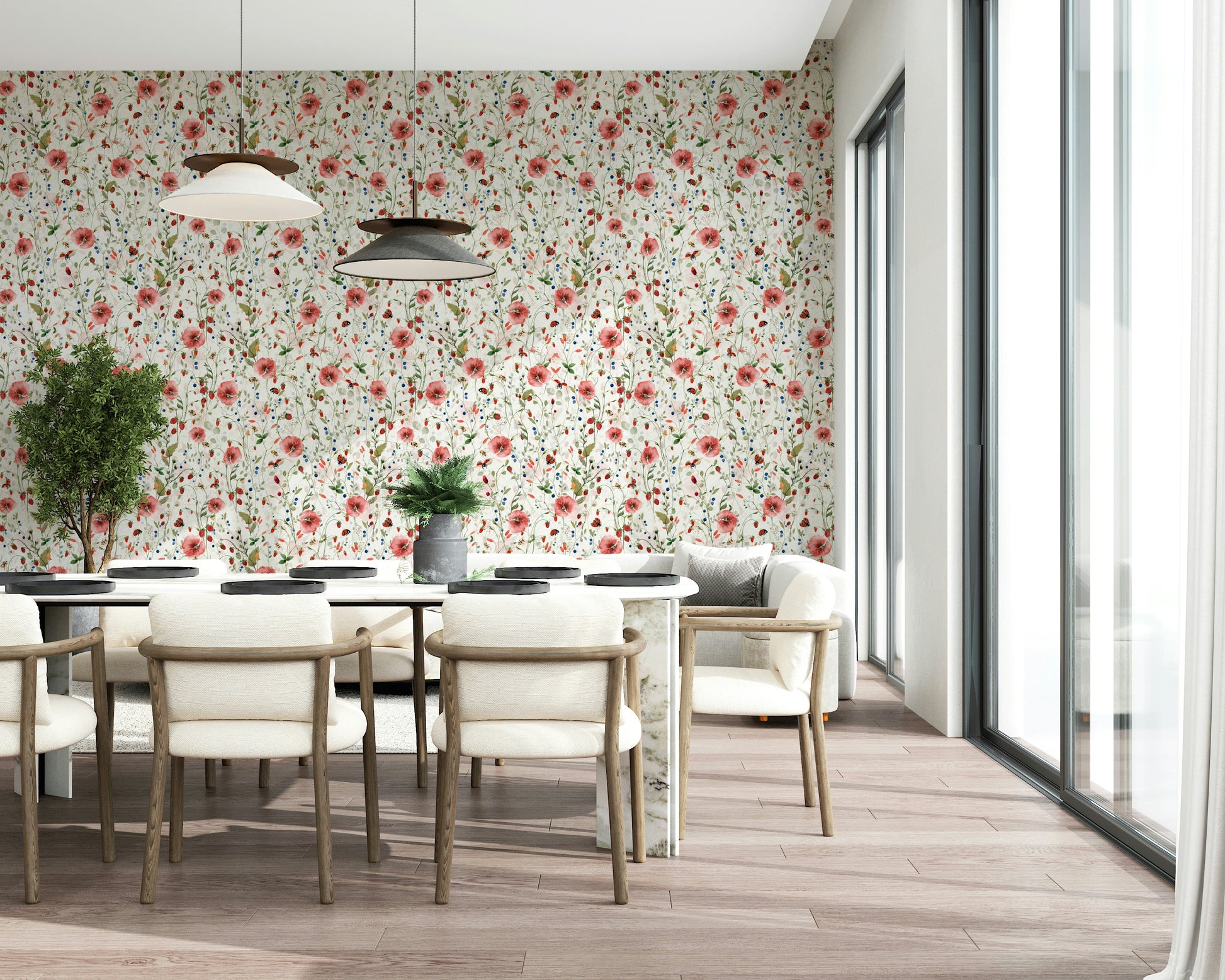 Watercolor Strawberry Flower Meadow wall mural poppy berry design.