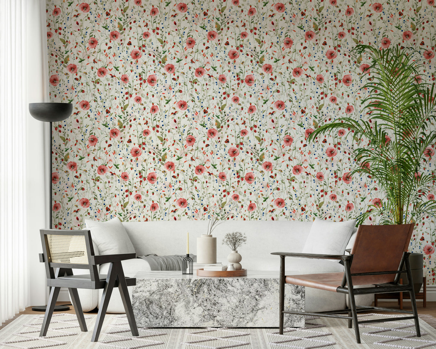 Colorful Watercolor Strawberry Flower Meadow removable wallcovering.