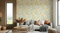 Golden Meadow Blooms wallcovering, airy meadow scene with tiny blossoms.