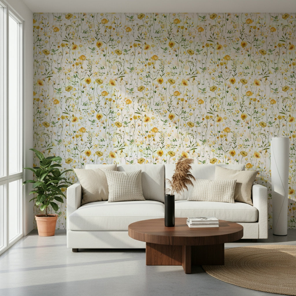 Watercolor Golden Meadow Blooms wallpaper, delicate stems and green foliage print.
