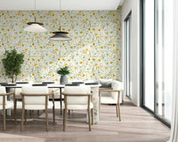 Golden Meadow Blooms, sunny floral pattern accent wallpaper for interiors.
