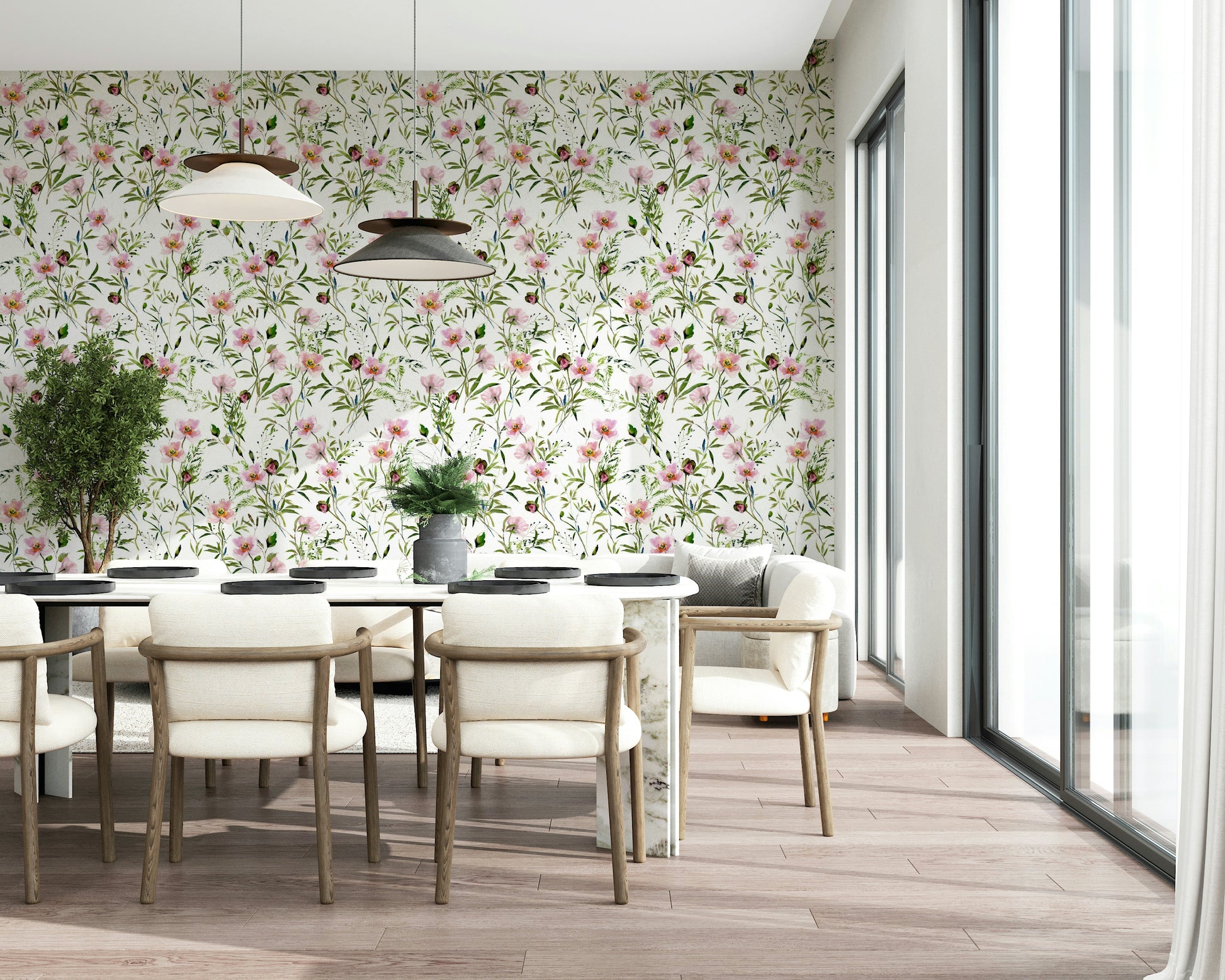 Delicate floral pattern wallpaper mural, soft pink design Blossom Hues.