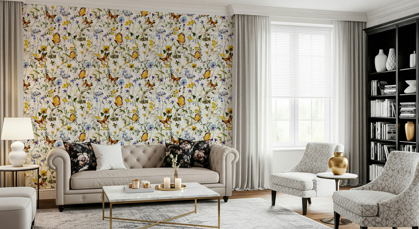 Floral Yellow Butterfly Meadow bright cheerful wallcovering