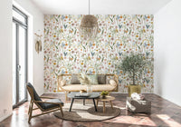 Watercolor butterflies, bees, and blooming wildflowers in wallpaper Whispers.