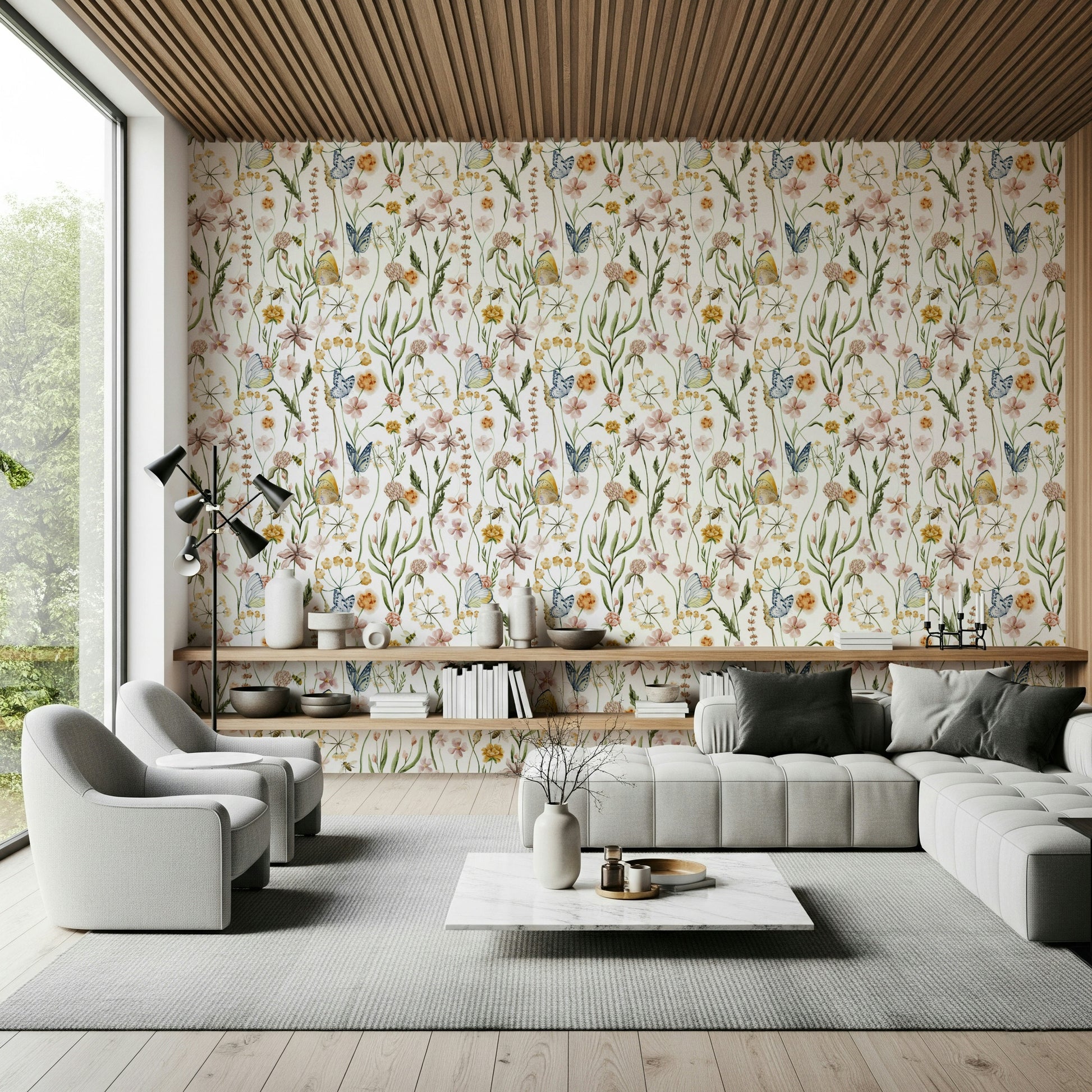 Wildflower Whispers pattern, intricate details, perfect for a subtle accent wall.