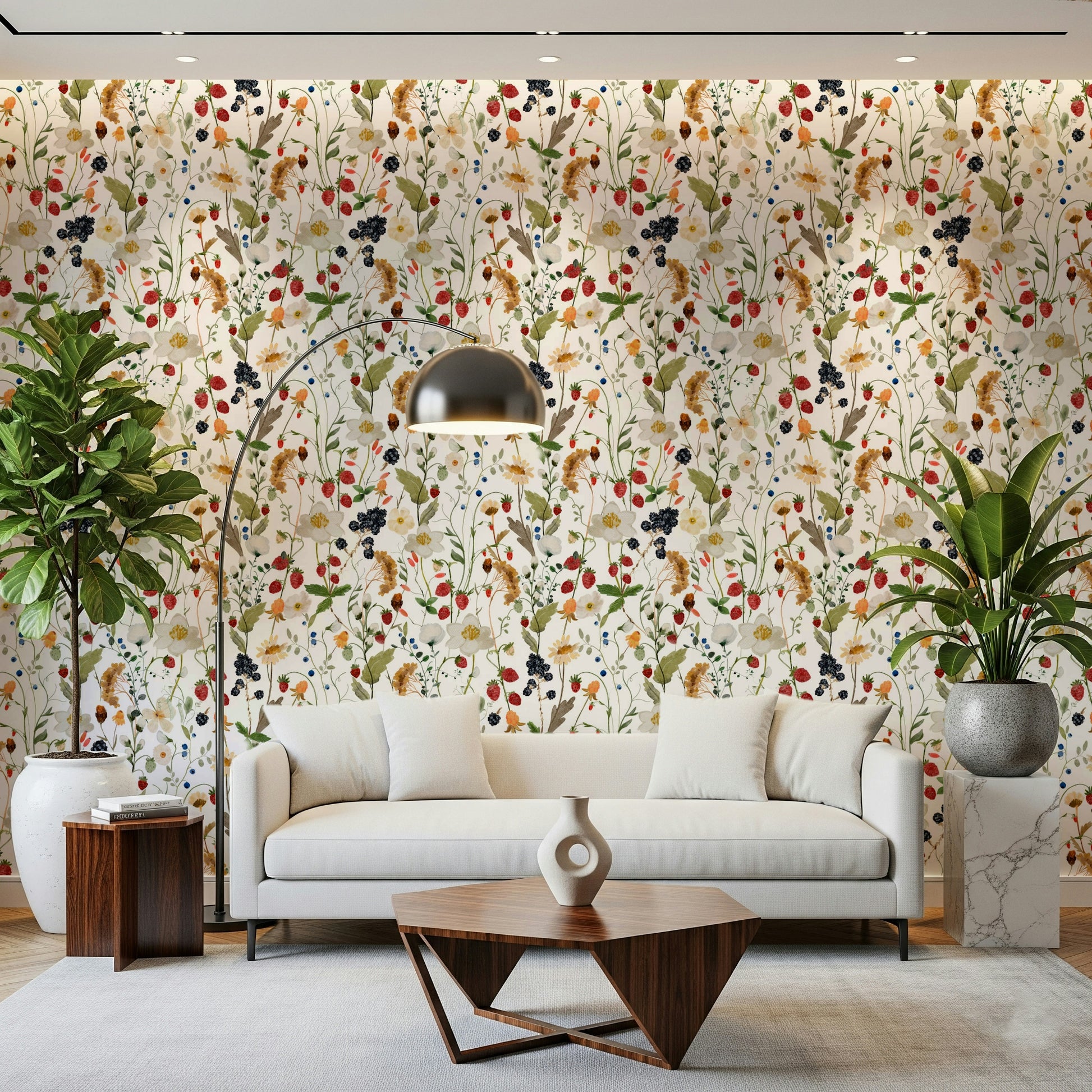 Full coverage Berry Bloom wildflower design for living room walls.