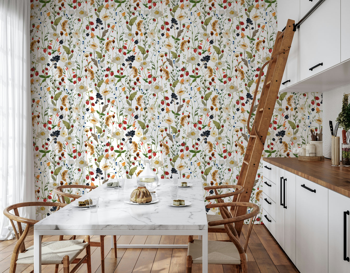 Monochrome white backdrop for Berry Bloom Meadow cozy wallpaper.