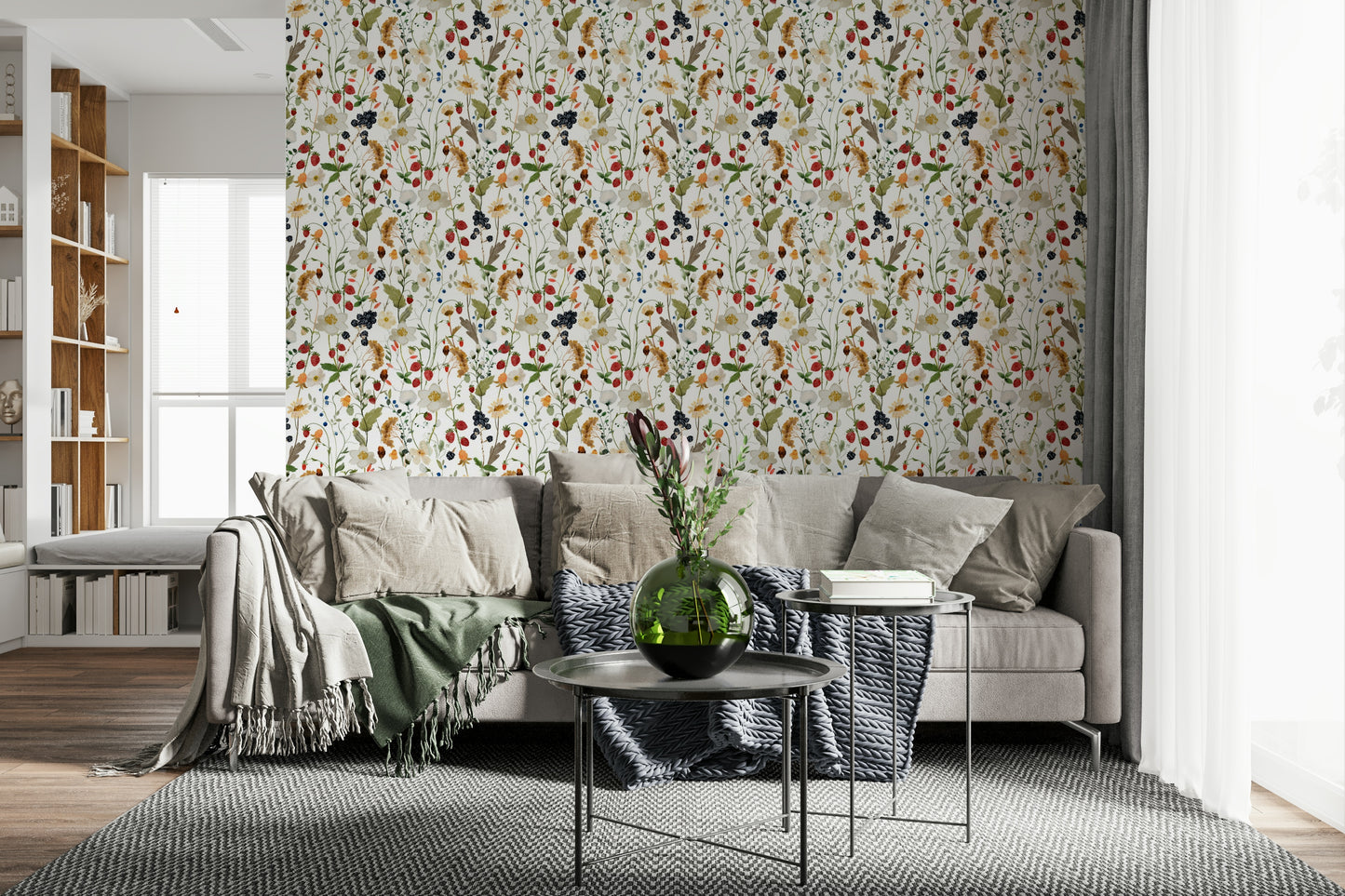 Feminine cheerful colors feature in Berry Bloom Meadow accent wall.