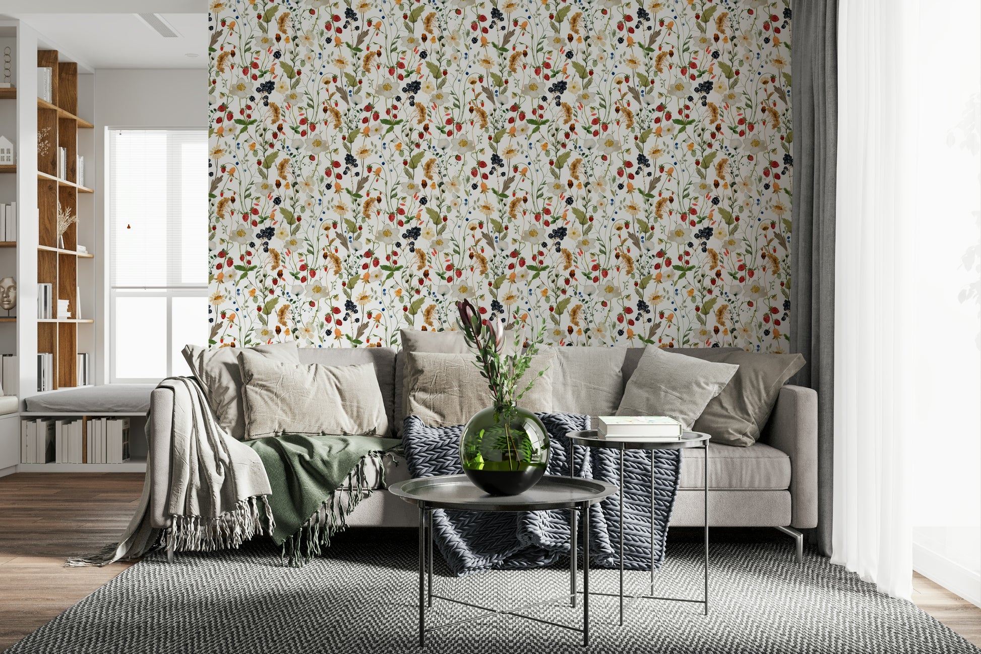 Feminine cheerful colors feature in Berry Bloom Meadow accent wall.
