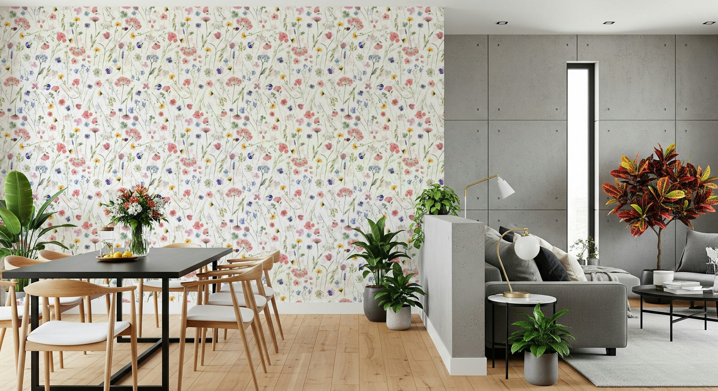 Soft vibrant Wildflower Waltz pattern aesthetic wall covering.