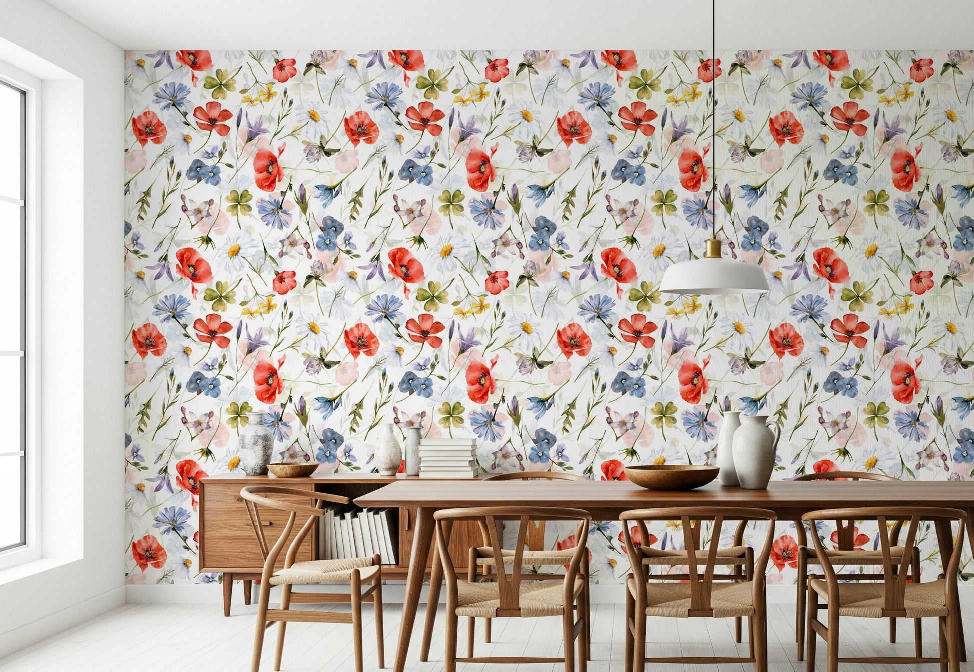 Seamless Botanical Serenity wallpaper design with painted meadow flowers scatter.