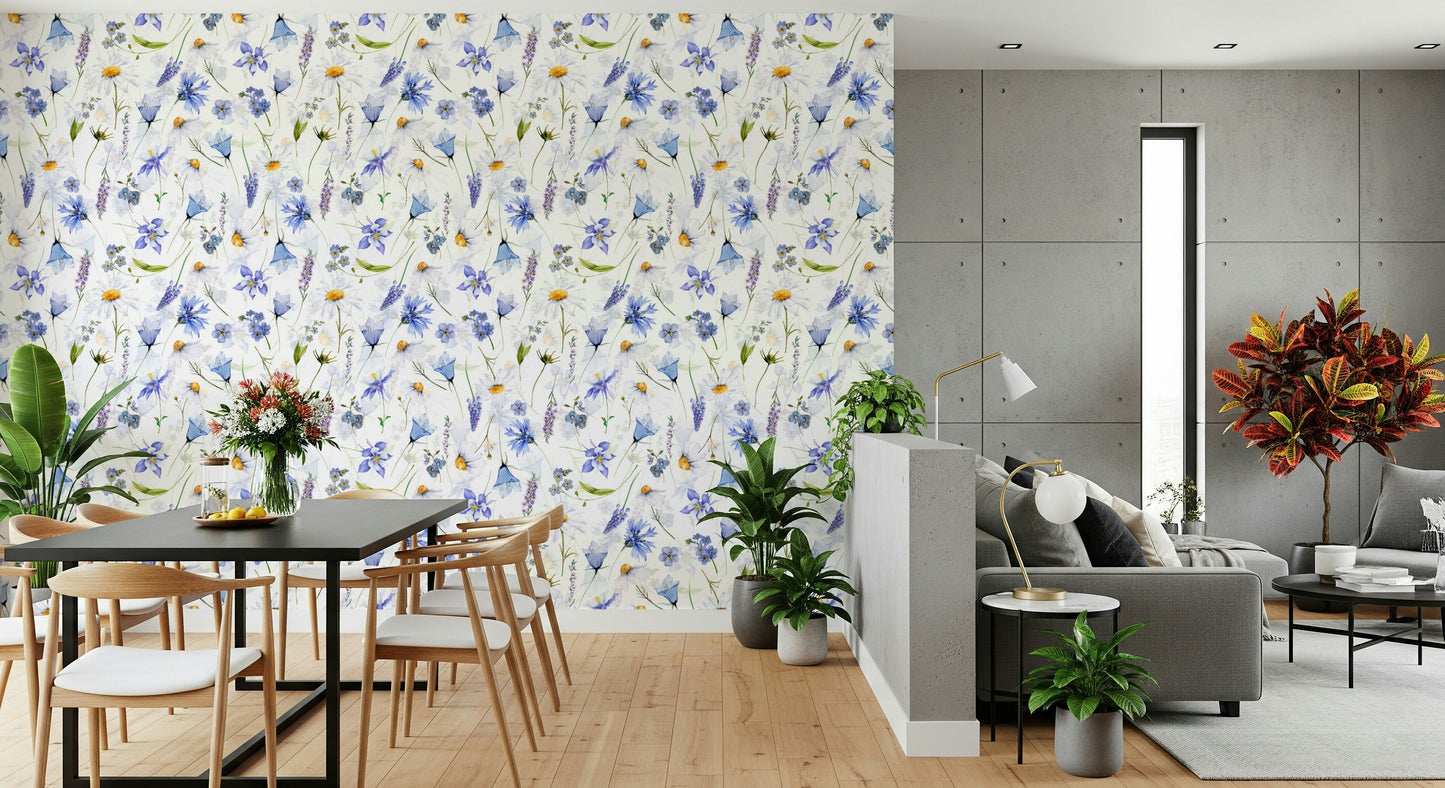 Wildflower Whispers: Blue Watercolor Wallpaper⁠