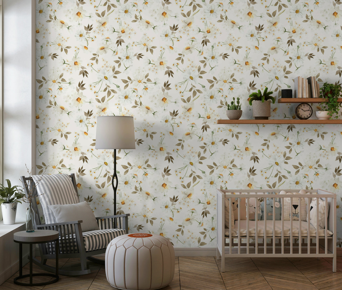 Daisy Dream white floral wallpaper mural subtle design.