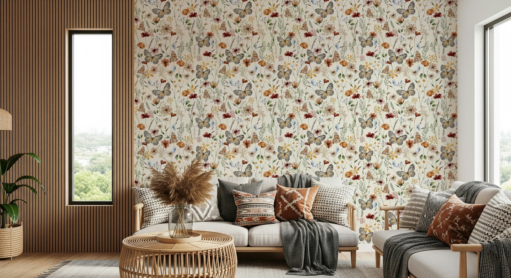 Meadow Butterflies wallpaper, sophisticated botanical illustration.