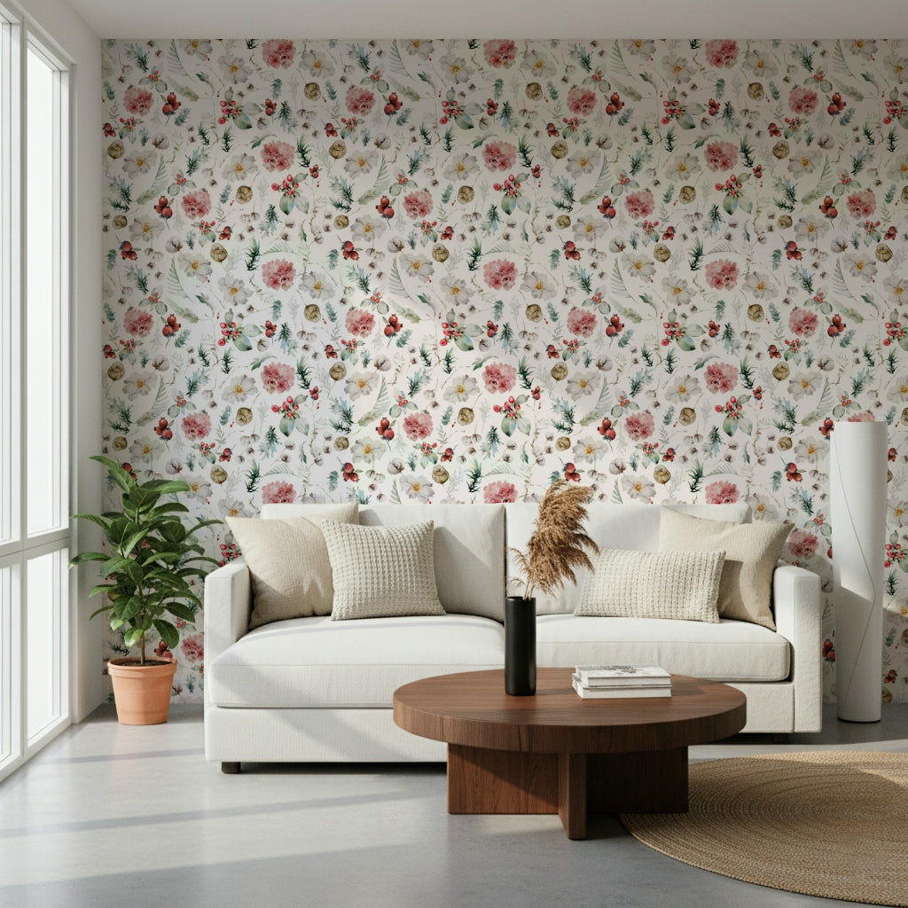 Seasonal Winter Bloom Watercolor wallpaper for living room.