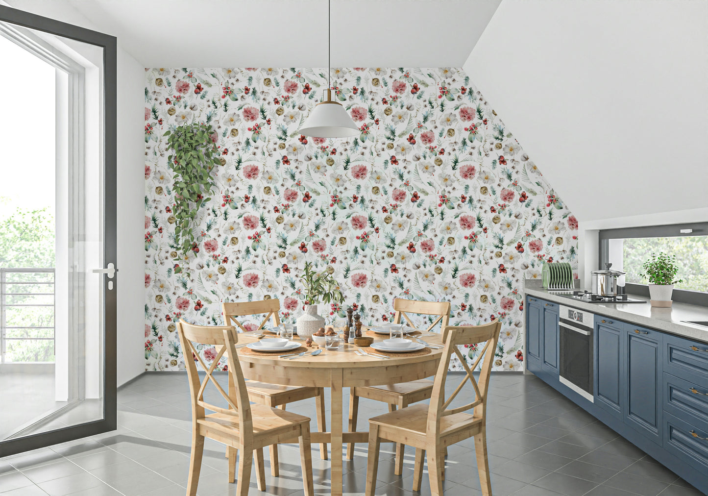 Elegant botanical Winter Bloom Watercolor wall covering.