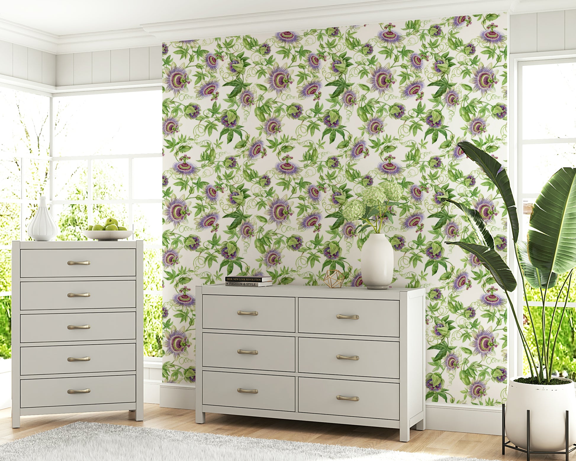 Watercolor Passionflower Dream wall mural vine illustration.
