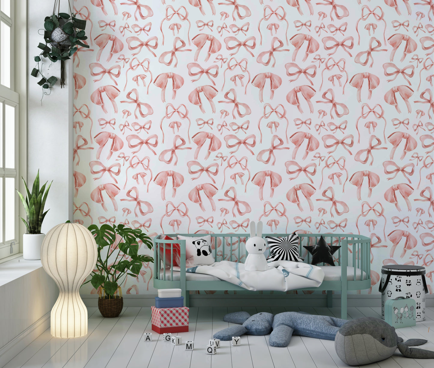Wallcovering paper with sweet pink bow clusters.