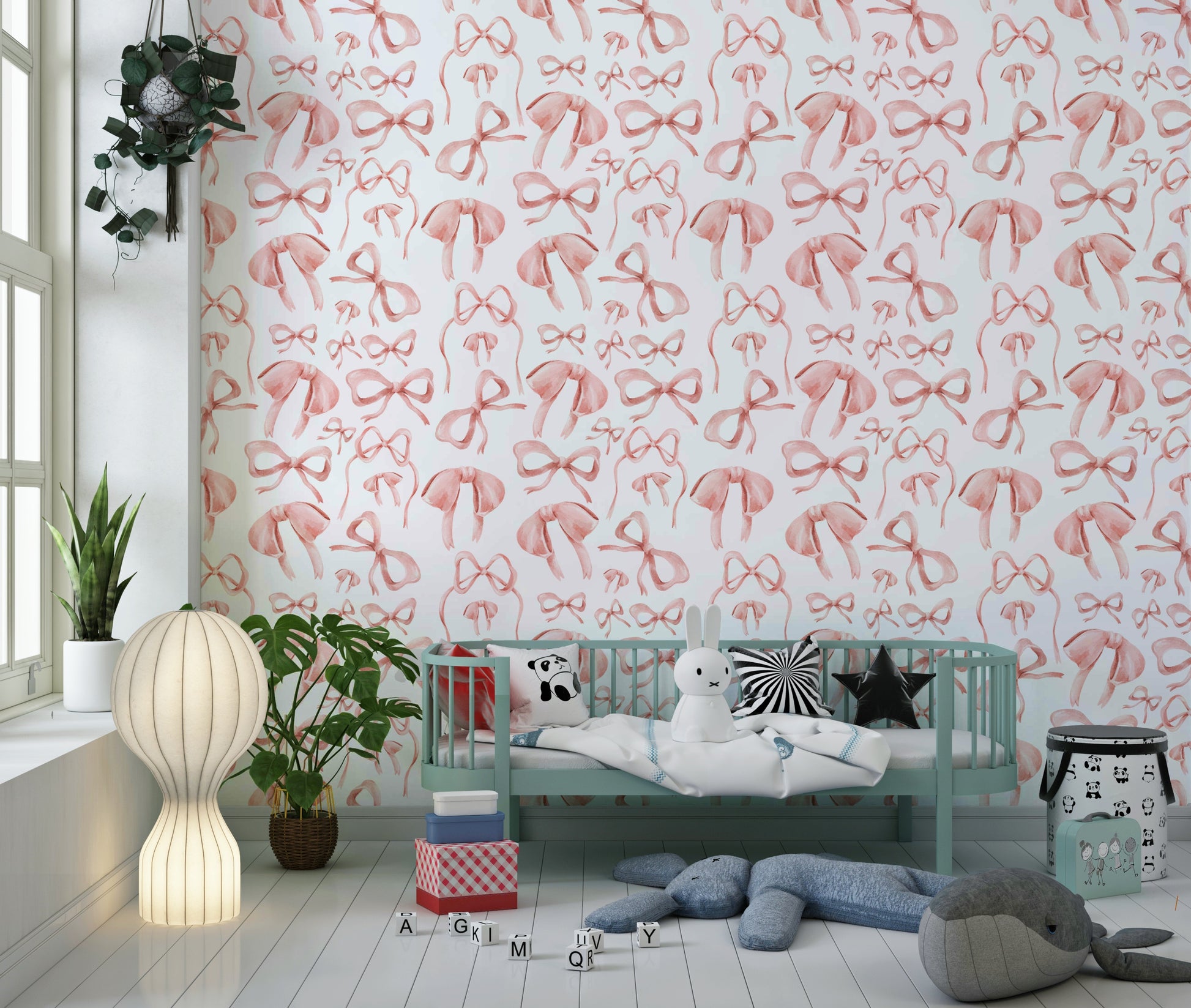 Wallcovering paper with sweet pink bow clusters.