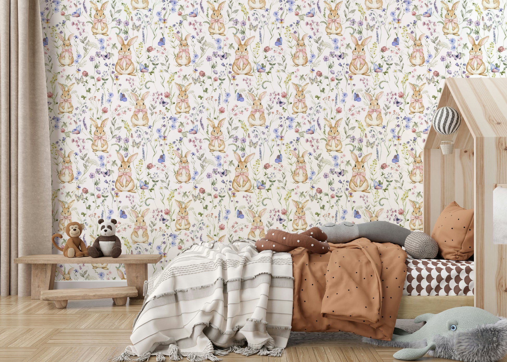 Soft aesthetic wall covering, Floral Bunny Bliss, pink bows on fluffy animals.