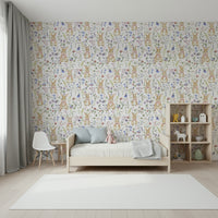 Delicate peel and stick wallpaper, Floral Bunny Bliss, spring botanical design.