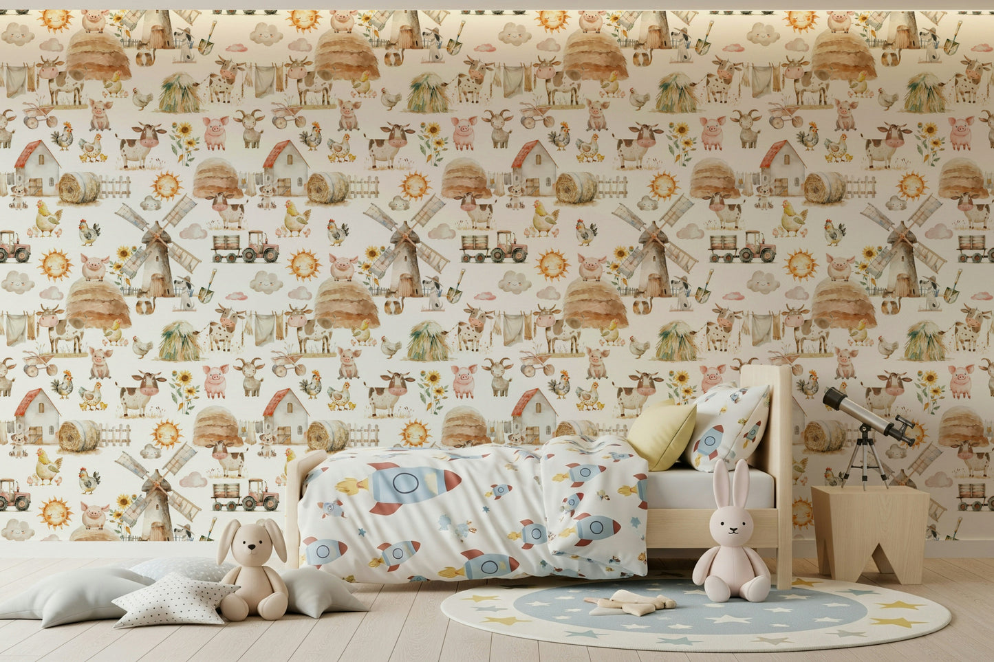 Nursery Watercolor Farm Fun backdrop, friendly pigs and sun motif.